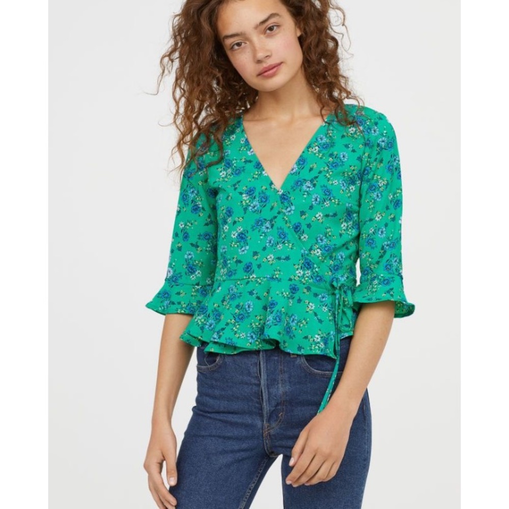H&M Green and Floral Wrapover Blouse